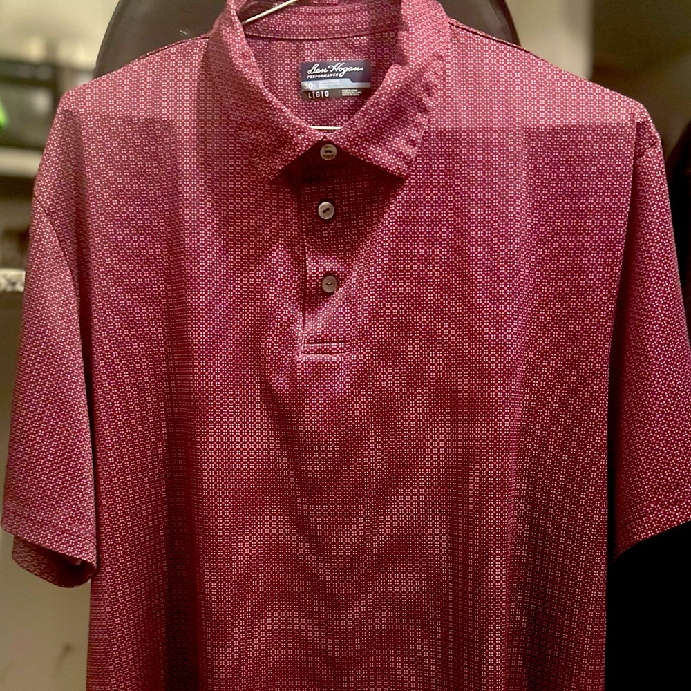 Short sleeve burgundy golf shirt with white dot pattern. Barely ever worn.